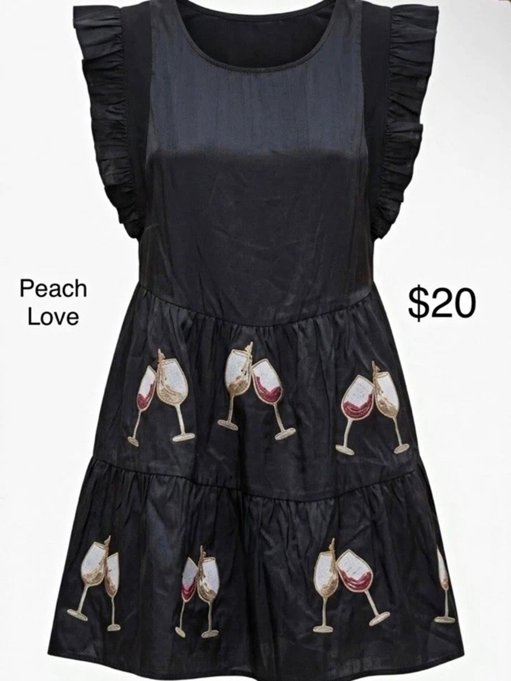 Peach Love Black Embroidered Tiered Mini Dress Sleeveless Round Neck Size M